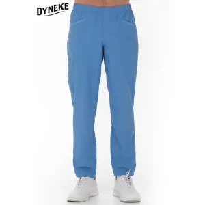 Pantalón sanidad microfibra textura celeste Dyneke 8220574: vista frontal del pantalón con modelo.