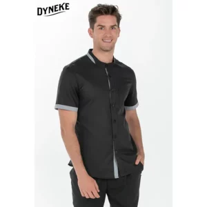Camisa hombre negra cuello mao Dyneke 8233841: vista frontal con modelo.