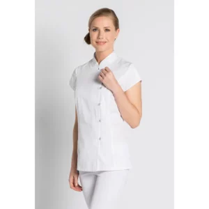 Chaqueta blanca cruzada Dyneke 8242700: vista frontal del cuello con modelo.