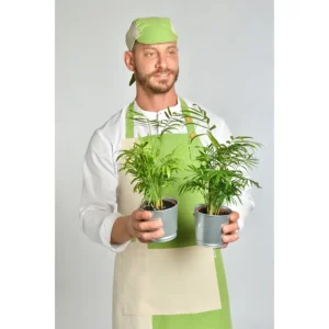 Delantal comercio loneta verde Dyneke 8249385: vista frontal con modelo sosteniendo plantas.