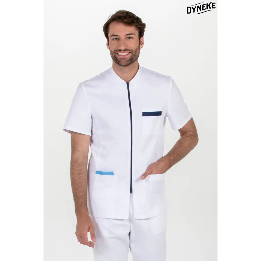 Chaqueta Dyneke 8262794 hombre cremallera manga corta 1 Chaqueta hombre cremallera contraste azul m/c Dyneke 8262794: vista frontal con modelo.