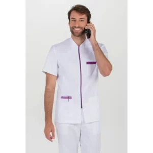 Chaqueta hombre cremallera contraste morado m/c Dyneke 8262859: vista frontal con modelo usando un teléfono.