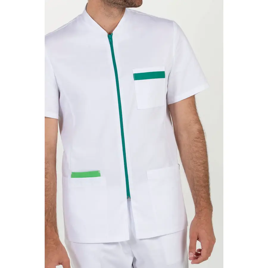 Chaqueta Dyneke 8262873 hombre blanca contraste verde 3 Chaqueta hombre cremallera contraste verde m/c Dyneke 8262873: detalle del cuello, cierre y bolsillos.