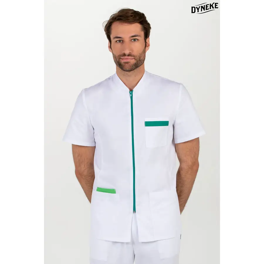 Chaqueta Dyneke 8262873 hombre blanca contraste verde 1 Chaqueta hombre cremallera contraste verde m/c Dyneke 8262873: vista frontal con modelo.