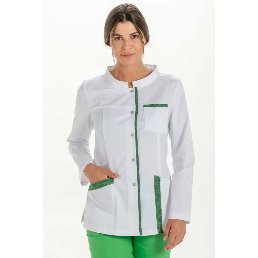 Chaqueta Dyneke 8264854 mujer blanca contraste jaspeado 1 Chaqueta contraste jaspeado verde m/l Dyneke 8264854: vista frontal con modelo.