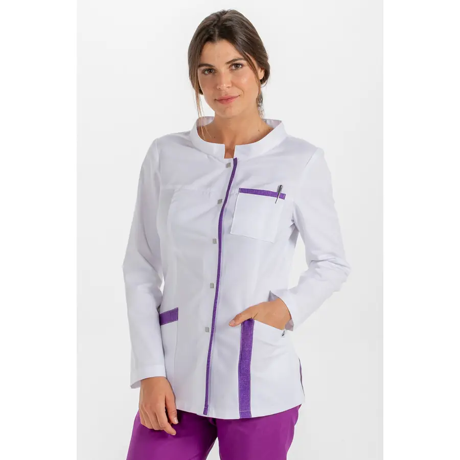 Chaqueta Dyneke 8264859 mujer blanca contraste jaspeado 1 Chaqueta contraste jaspeado lila m/l Dyneke 8264859: vista frontal con modelo.
