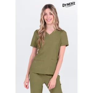 Casaca mujer poliéster elástico caqui Dyneke 8265344: vista frontal con modelo.