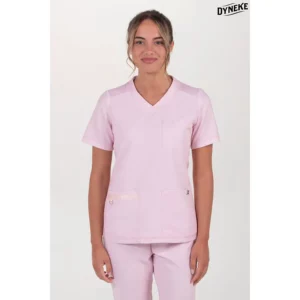 Casaca sanidad microfibra punto rosa Dyneke 8265521: vista frontal con modelo.