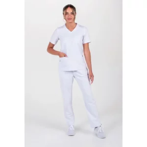 Casaca sanidad microfibra punto blanco Dyneke 8265570: vista de cuerpo entero con modelo.