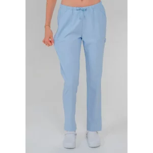 Pantalon celeste poliéster elástico cinta Dyneke 8268343: vista frontal con modelo mostrando el tejido del pantalón.
