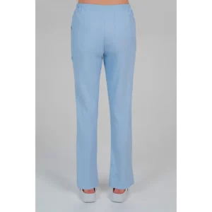 Pantalon celeste poliéster elástico cinta Dyneke 8268343: vista trasera del pantalón con modelo.