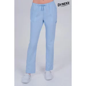 Pantalon celeste poliéster elástico cinta Dyneke 8268343: vista frontal del pantalón con modelo.