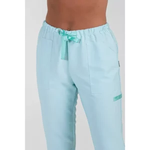 Pantalón verde microfibra cinta Dyneke 8268522: detalle de la cintura y cordón.