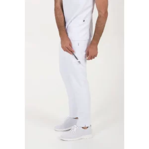 Pantalon blanco microfibra cinta Dyneke 8268570: vista lateral del pantalón con modelo flexionada.