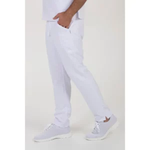 Pantalon blanco microfibra cinta Dyneke 8268570: vista lateral del pantalón con modelo.