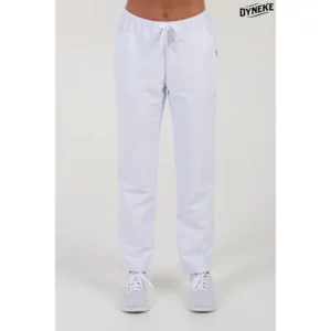 Pantalon blanco microfibra cinta Dyneke 8268570: vista frontal del pantalón con modelo.