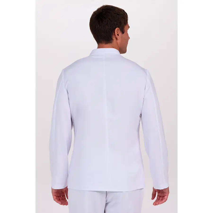 Chaqueta Dyneke 8332784 hombre blanca elástica 2 Chaqueta cbro.elástica blanca cuello mao Dyneke 8332784: vista trasera con modelo.