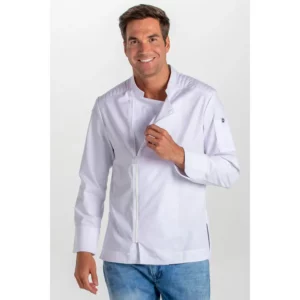 Chaqueta blanca cocinero cremallera Dyneke 8442700: vista frontal con modelo.