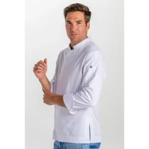 Chaqueta blanca cocinero cremallera Dyneke 8442700: vista lateral con modelo.