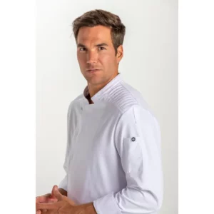 Chaqueta blanca cocinero cremallera Dyneke 8442700: detalle del cuello y manga.