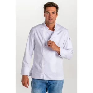 Chaqueta blanca cocinero cremallera Dyneke 8442700: vista frontal con modelo.