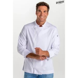 Chaqueta blanca cocinero cremallera Dyneke 8442700: vista frontal con modelo.