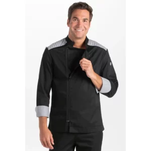 Chaqueta negra cocinero cremallera Dyneke 8442701: vista frontal con modelo.