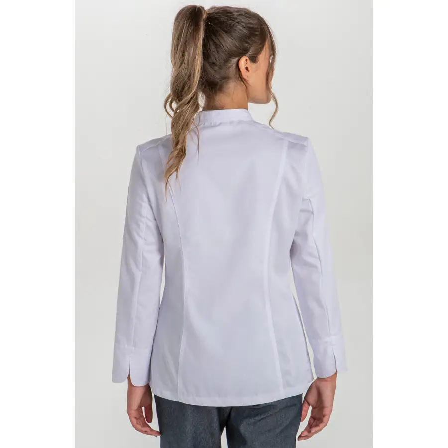 Chaqueta cocinera Dyneke 8448700 blanca 2 Chaqueta cocinera corchetes rejilla blanca Dyneke 8448700: vista trasera con modelo.