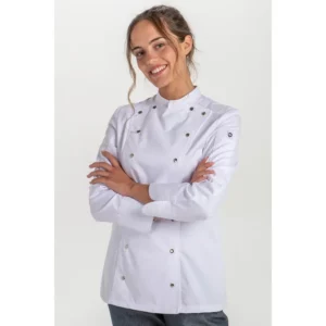 Chaqueta cocinera corchetes rejilla blanca Dyneke 8448700: vista frontal con modelo.