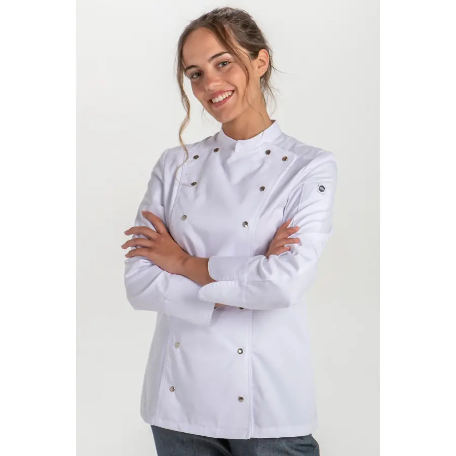 Chaqueta cocinera Dyneke 8448700 blanca 3 Chaqueta cocinera corchetes rejilla blanca Dyneke 8448700: vista frontal con modelo.