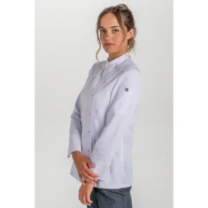 Chaqueta cocinera corchetes rejilla blanca Dyneke 8448700: vista de tres cuartos con modelo.