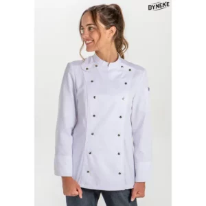 Chaqueta cocinera corchetes rejilla blanca Dyneke 8448700: vista frontal con modelo.