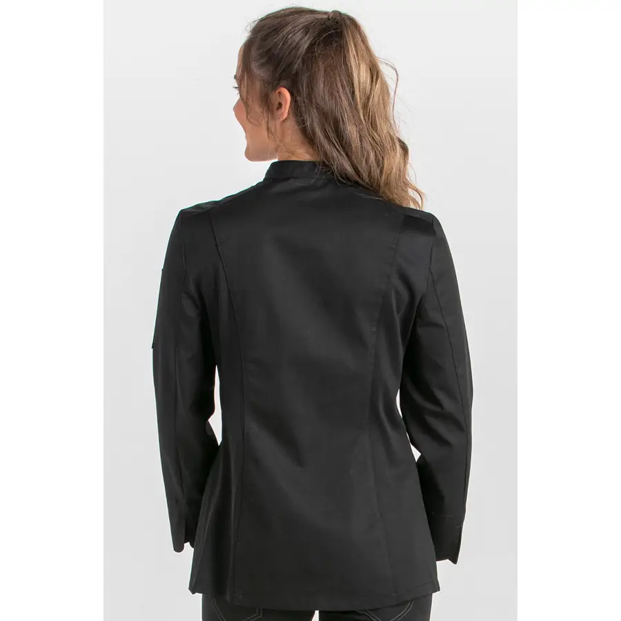 Chaqueta cocinera Dyneke 8448701 negra 2 Chaqueta cocinera corchetes rejilla negra Dyneke 8448701: vista trasera con modelo.