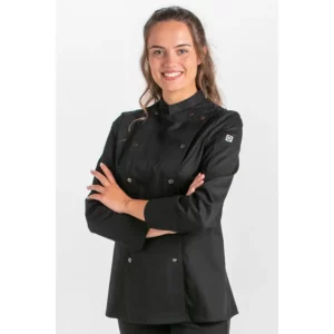 Chaqueta cocinera corchetes rejilla negra Dyneke 8448701: vista frontal con modelo.