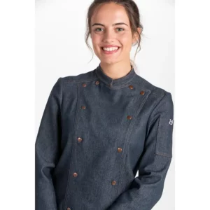 Chaqueta cocinera corchetes tejana rejilla Dyneke 8448775: detalle del cuello y botones.