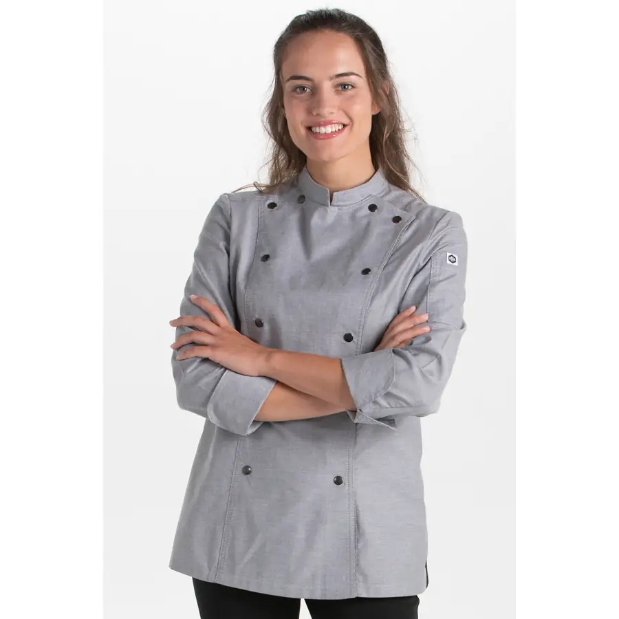 Chaqueta cocinera Dyneke 8448844 gris 3 Chaqueta cocinera corchetes gris rejilla Dyneke 8448844: vista frontal con modelo.
