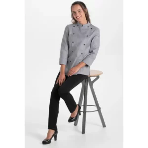 Chaqueta cocinera corchetes gris rejilla Dyneke 8448844: vista de conjunto con modelo.