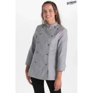 Chaqueta cocinera corchetes gris rejilla Dyneke 8448844: vista frontal con modelo.