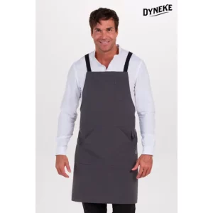 Delantal loneta gris bolsillo canguro Dyneke 8471397: vista frontal con modelo.