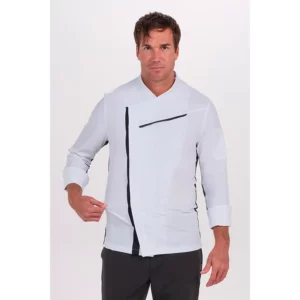 Chaqueta cocinero blanca con rejilla negra Dyneke 8502357: vista frontal con modelo.