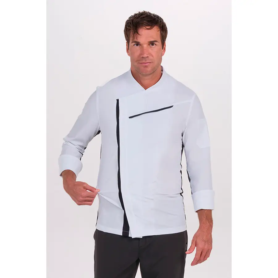Chaqueta cocinero Dyneke 8502357 blanca/negra 2 Chaqueta cocinero blanca con rejilla negra Dyneke 8502357: vista frontal con modelo.