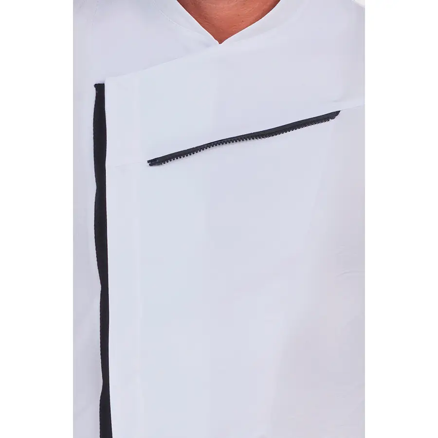 Chaqueta cocinero Dyneke 8502357 blanca/negra 4 Chaqueta cocinero blanca con rejilla negra Dyneke 8502357: detalle del bolsillo de pecho.