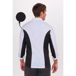 Chaqueta cocinero blanca con rejilla negra Dyneke 8502357: vista trasera con modelo.