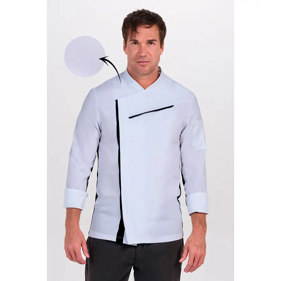 Chaqueta cocinero Dyneke 8502357 blanca/negra 1 Chaqueta cocinero blanca con rejilla negra Dyneke 8502357: vista frontal con modelo.