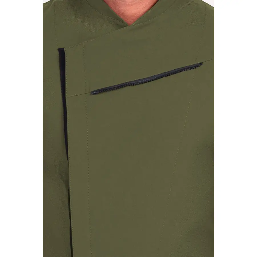 Chaqueta cocinero Dyneke 8502358 caqui/negra 3 Chaqueta cocinero caqui con rejilla negra Dyneke 8502358: detalle del bolsillo de pecho.