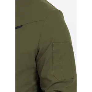 Chaqueta cocinero caqui con rejilla negra Dyneke 8502358: detalle de la manga y bolsillo.