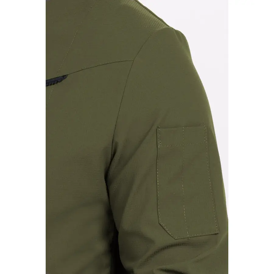 Chaqueta cocinero Dyneke 8502358 caqui/negra 4 Chaqueta cocinero caqui con rejilla negra Dyneke 8502358: detalle de la manga y bolsillo.