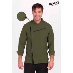 Chaqueta cocinero caqui con rejilla negra Dyneke 8502358: vista frontal con modelo.