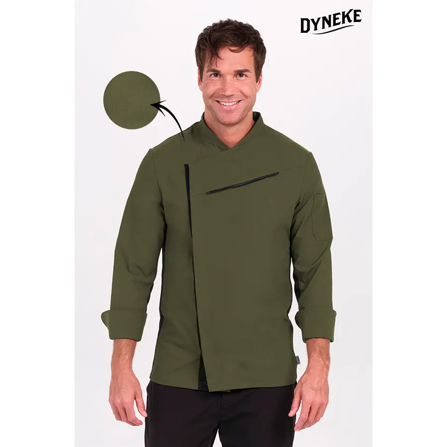 Chaqueta cocinero Dyneke 8502358 caqui/negra 1 Chaqueta cocinero caqui con rejilla negra Dyneke 8502358: vista frontal con modelo.