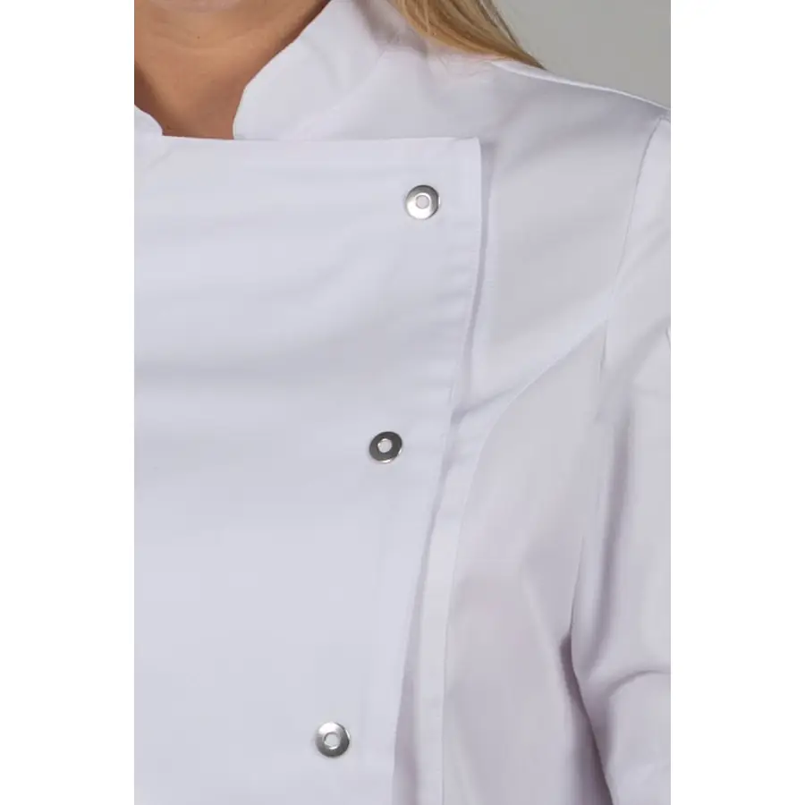 Chaqueta cocinera Dyneke 8519700 blanca 3 Chaqueta cocinera blanca manga 3/4 Dyneke 8519700: detalle del cuello y botones.